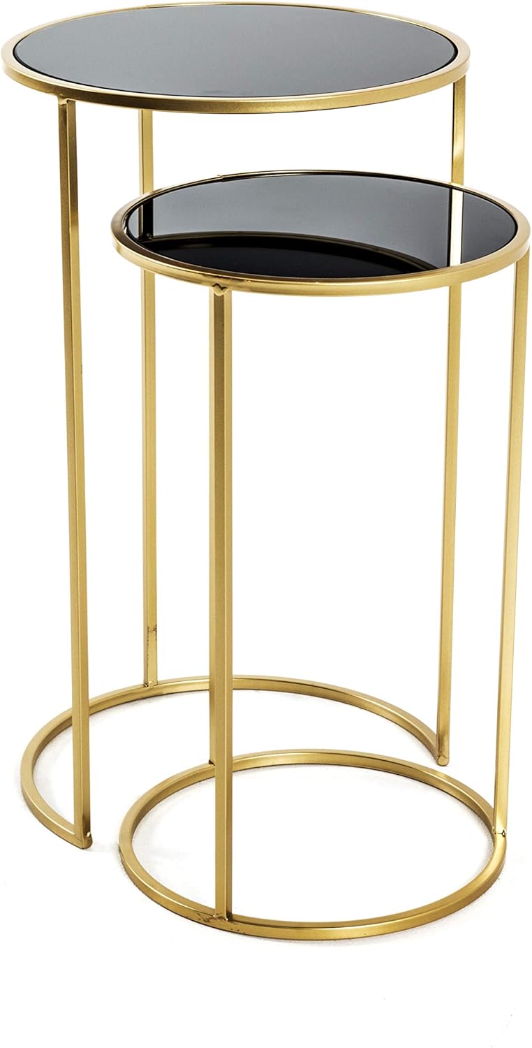 HAKU Tavolino rotondo Tavolino con piano in vetro Set da 2 oro nero metallo Vetro di sicurezza 5 mm - Dimensioni: A 50/60 x ? 30/35 cm Stile: Glam