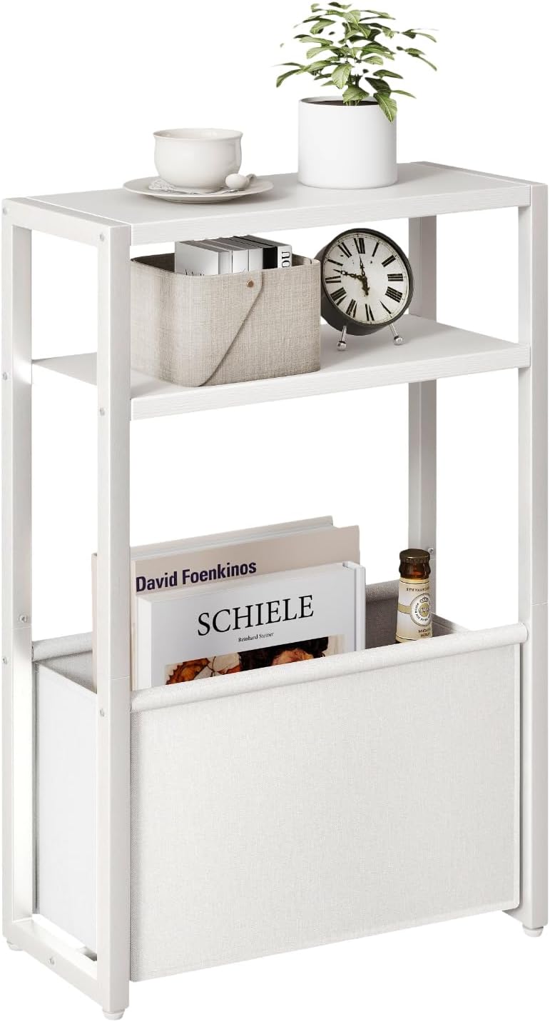 IBUYKE Tavolino Sottile con Cestino in Tessuto,3 Livelli Tavolino Piccolo Per Piccoli Spaz, 18 x 43 x 65 cm, Comodino Moderno Per Soggiorno Camera Balcone Cucina,Bianco TMZ009W