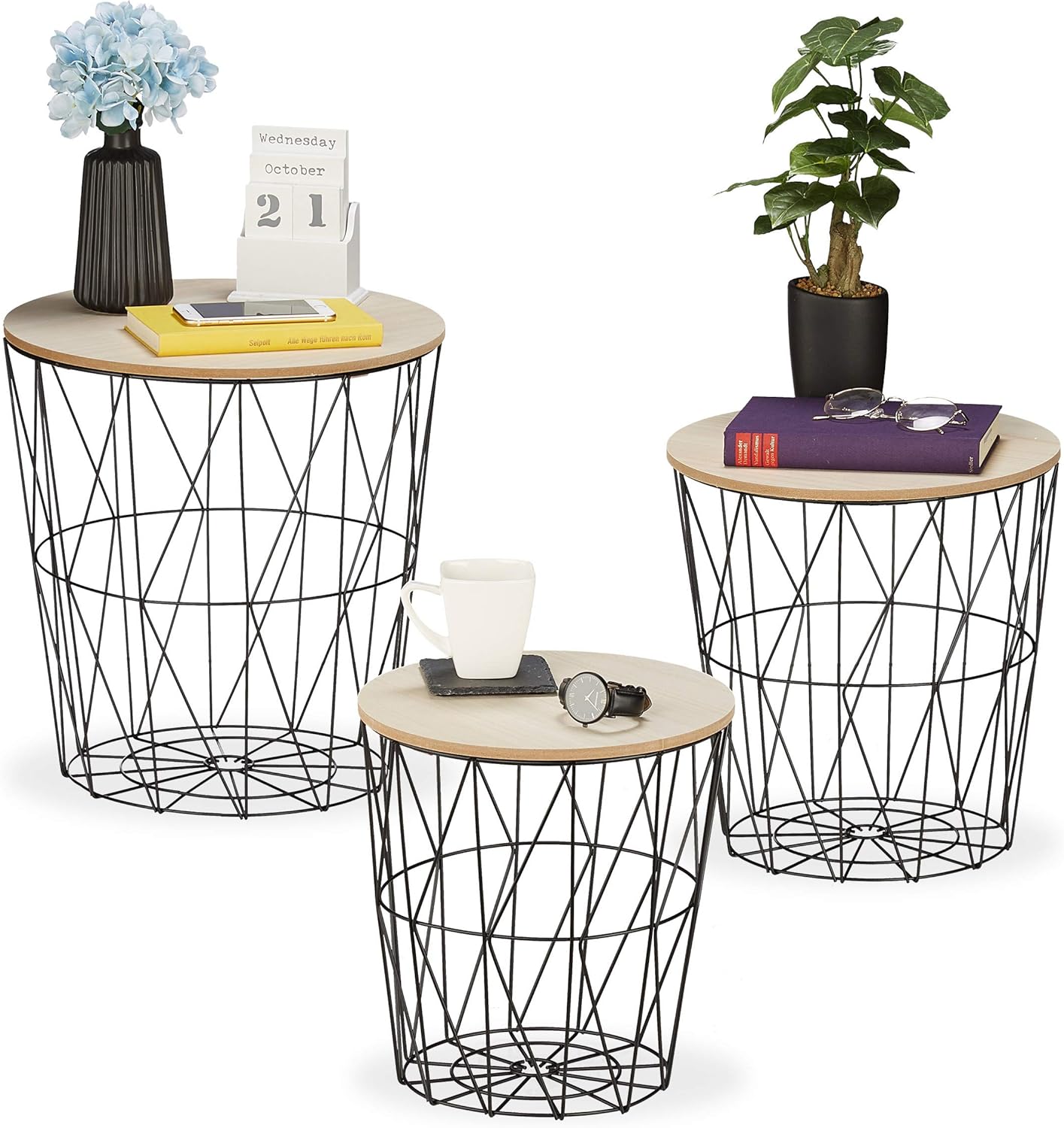 Set da 3 Tavolini a Forma di Cestello, 3 Dimensioni, Stile Scandinavo, MDF, Metallo, Color Naturale e Nero