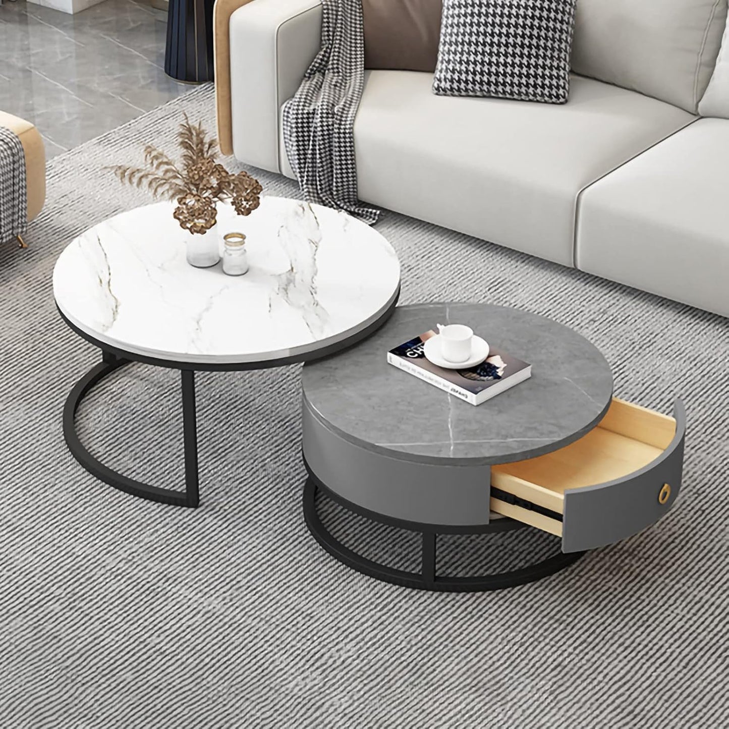 Set di 2 tavolini da caff¨¨ multifunzionali con cassettiera, Struttura in Marmo Ardesia e Struttura in Metallo, Perfetti per l'arredamento del Soggiorno e della Camera da Letto.