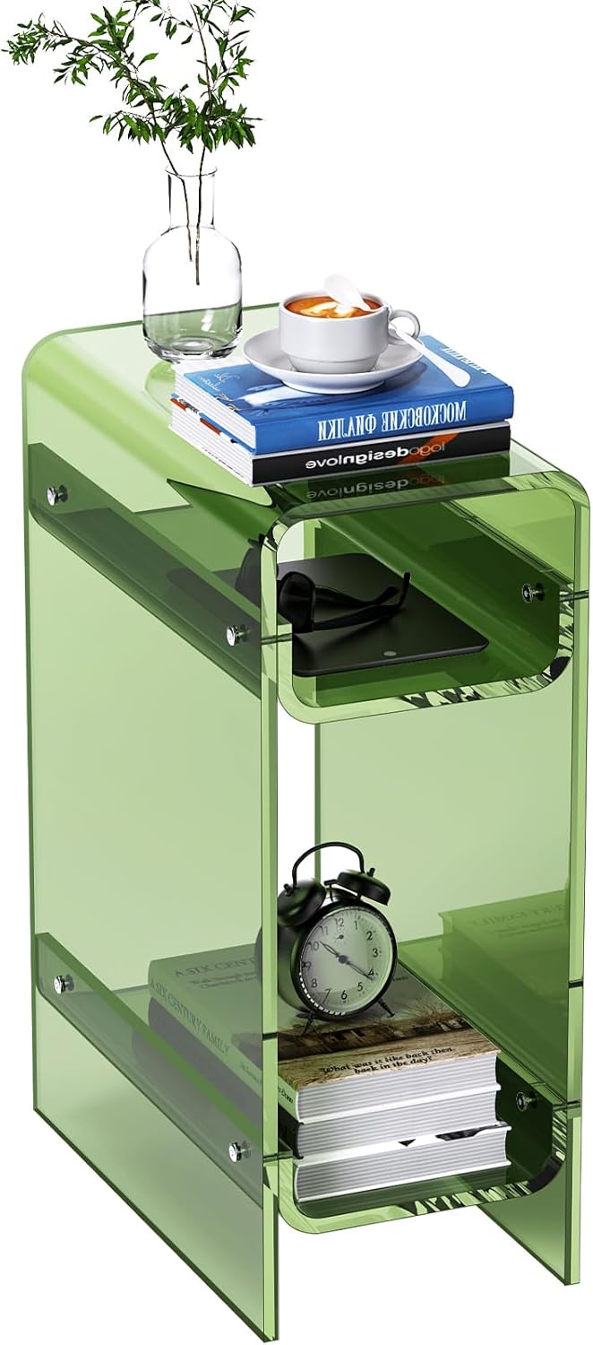 Tavolino Stretto in Acrilico Trasparente, Comodino Sottile per Piccoli Spazi, Mobile per Camera da Letto, Soggiorno, Ufficio (verde, 40¡Á22¡Á55cm)