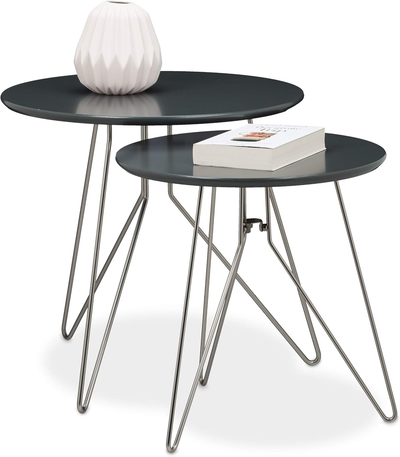 Set da 2 Tavolini Sovrapponibili, per Soggiorno, Arredamento Sala, Ripiano D: 48 e 40 cm, Differenti Grandezze