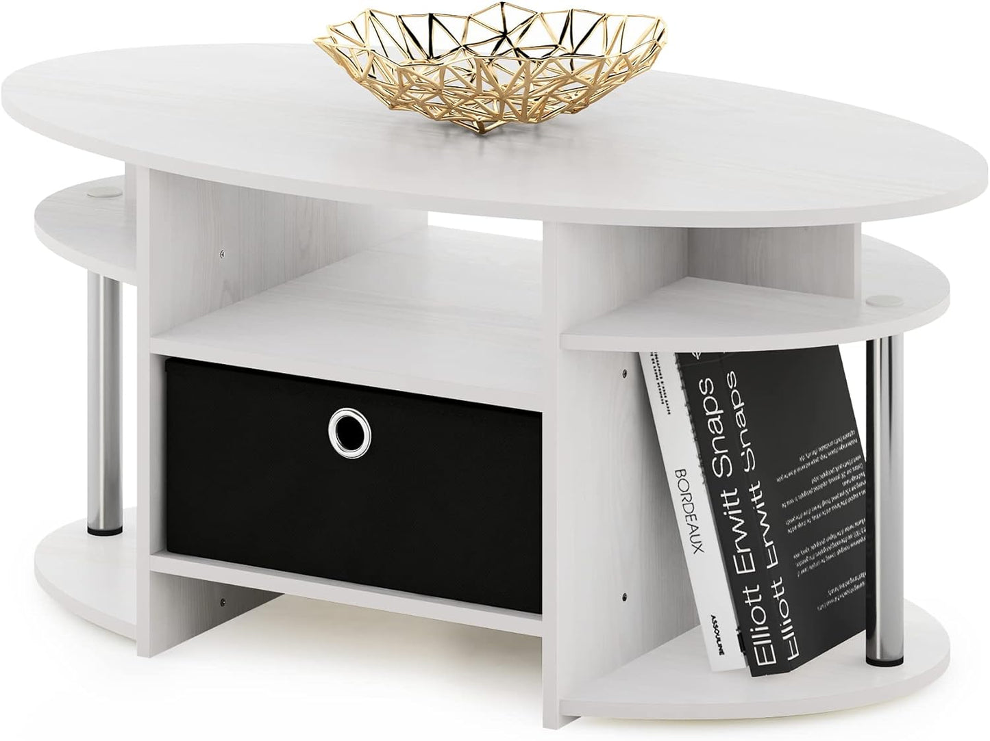 Furinno Jaya Tavolino Ovale con Cestino, Legno, Rovere Bianco/Cromo/Nero, 50 (D) x 89.9 (W) x 41.7 (H) cm