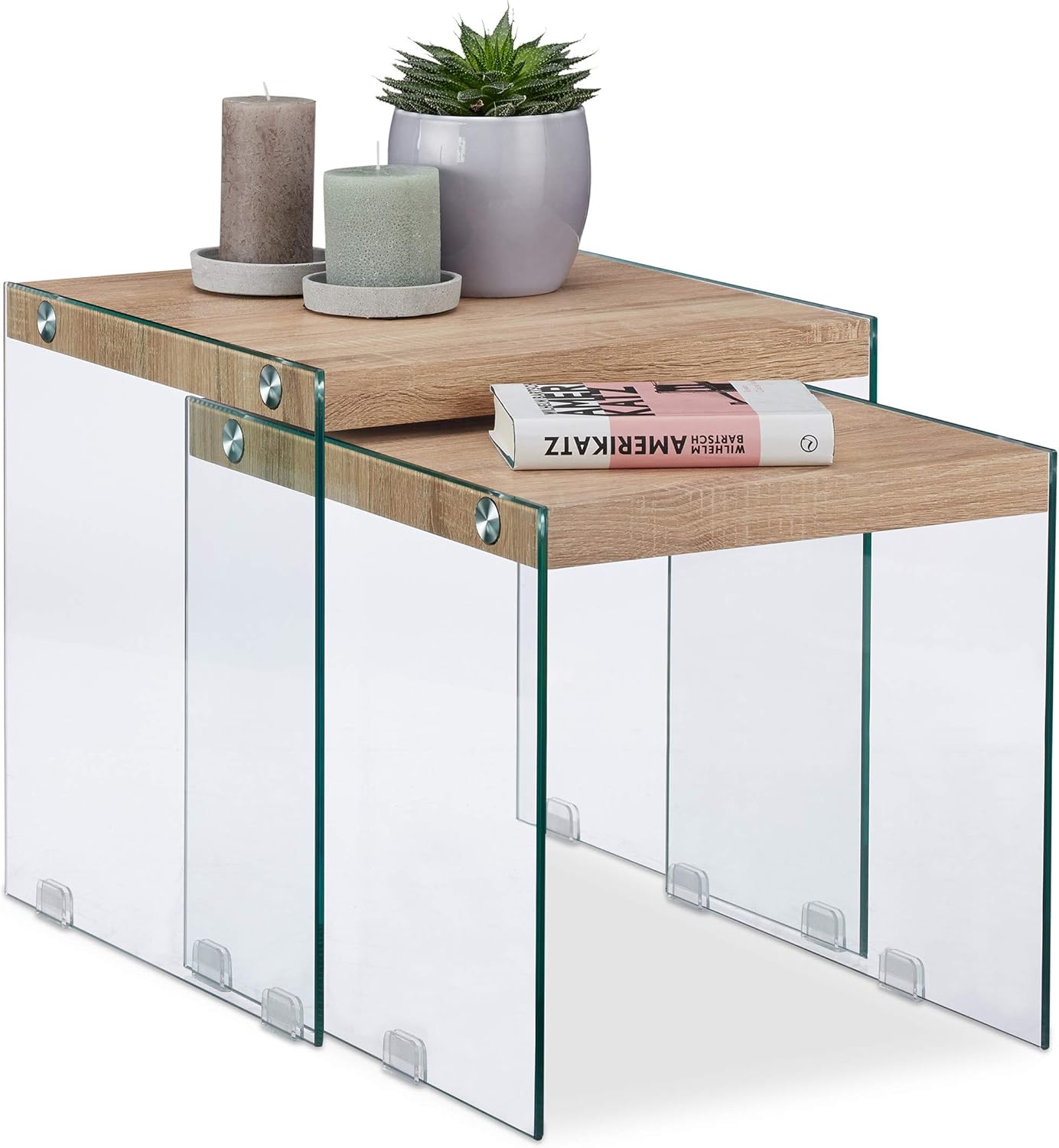Set 2 Tavolini Sovrapponibili in Vetro, Ripiano in Legno, Tavoli da Divano per Soggiorno, H 40-45 cm, Naturale