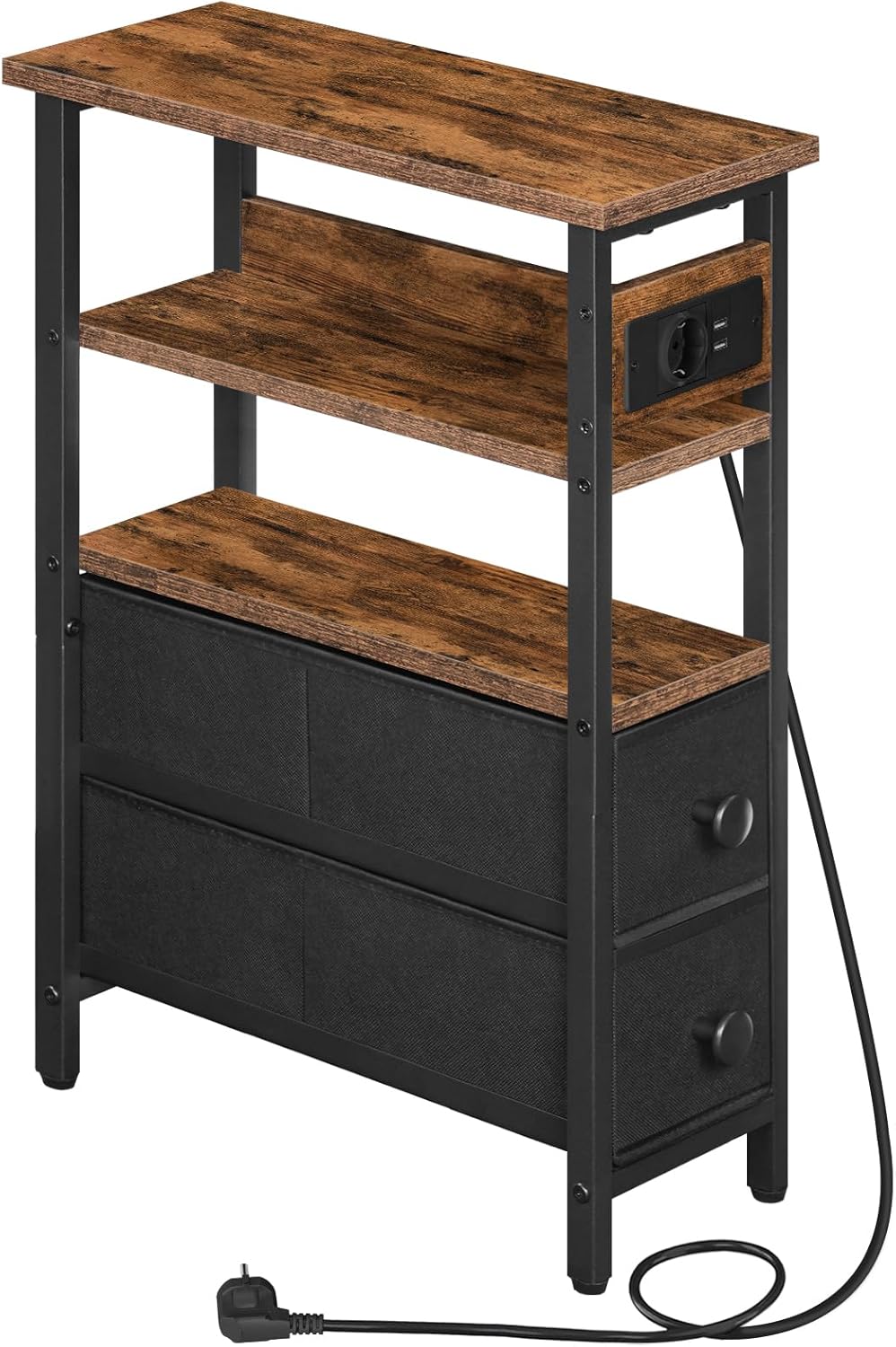 HOOBRO Tavolino Stretto con Stazione di Ricarica, Cassetti in Tessuto, Comodino Sottile con Ripiani Portaoggetti, per Soggiorno, Camera da Letto, Piccoli Spazi, Marrone Vintage e Nero EBF132CBZ01