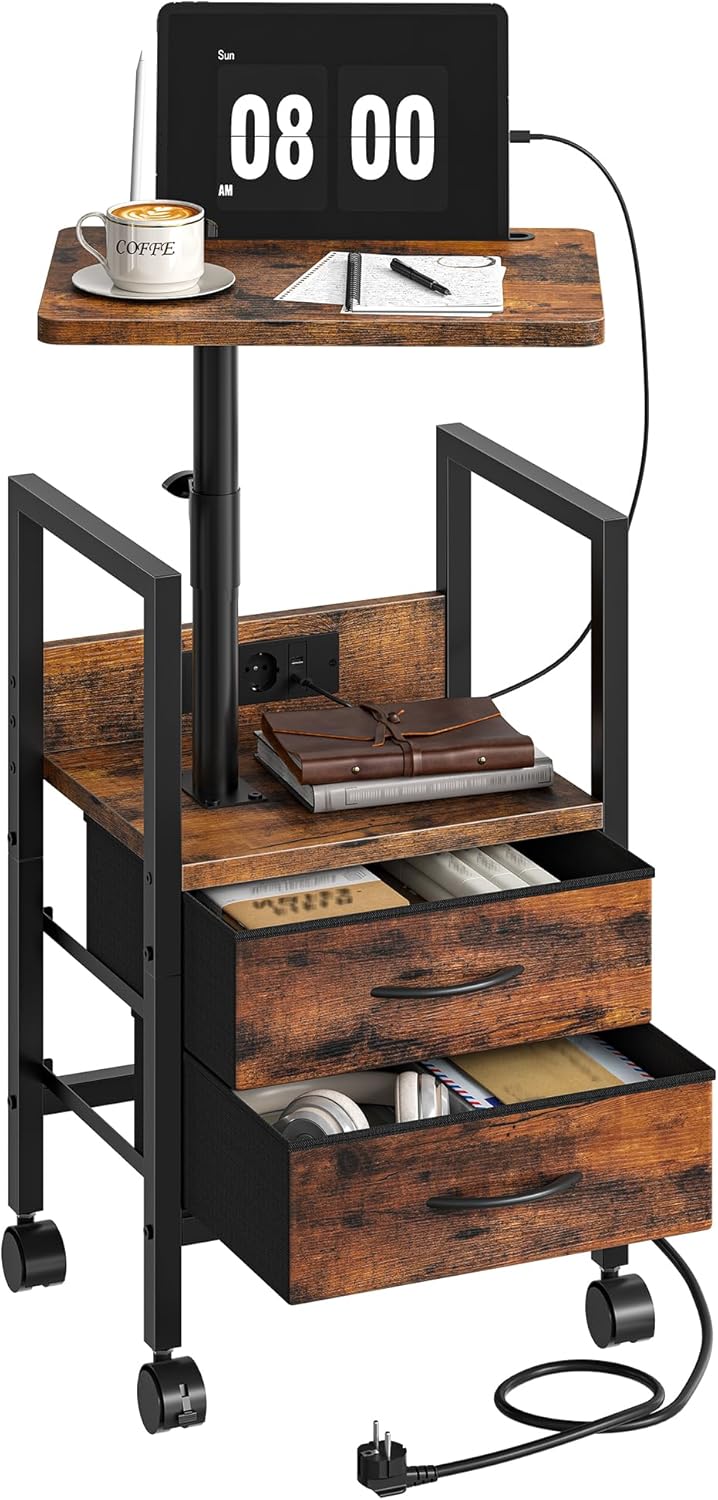 CHOEZON Tavolino Regolabile in Altezza con Piano Girevole a 360¡ã, Tavolino con Ruote con Cassetti e Ripiano Aperto, per Camera o Salotto Marrone Vintage e Nero DTBZ21CBF