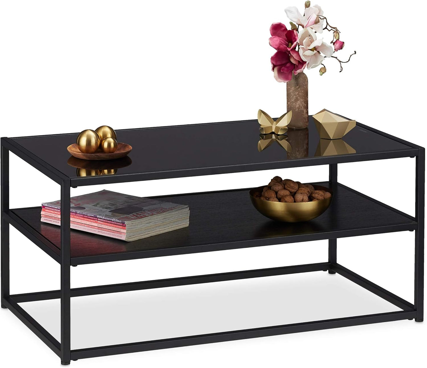 Tavolino da Salotto in Vetro, 2 Ripiani, Metallo con Superficie in Vetro, HLP:42 x 90 x 50 cm, Nero