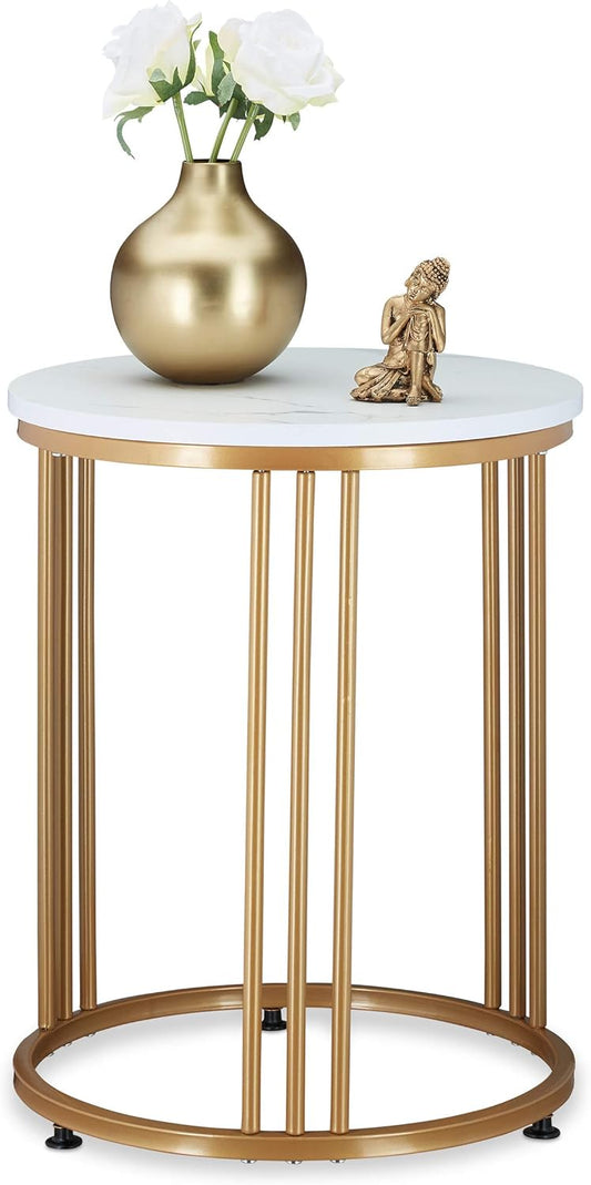Tavolino da Salotto, Tavolo da Divano Rotondo, Rotondo, in Ferro e MDF in Aspetto Marmorizzato, Bianco Oro