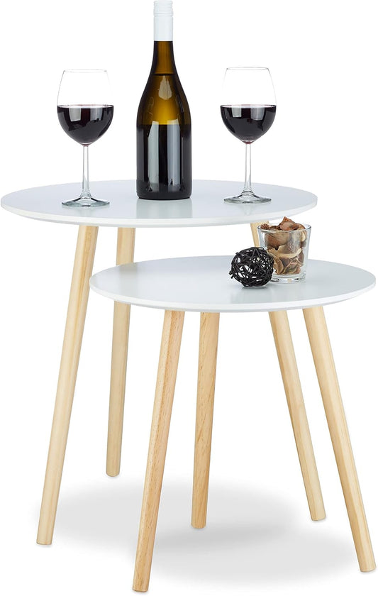 Tavolini da Salotto, Set 2, Stile Scandinavo, Design Anni ¡®70, Impilabili, Diametro 39 e 47,5 cm, Bianco