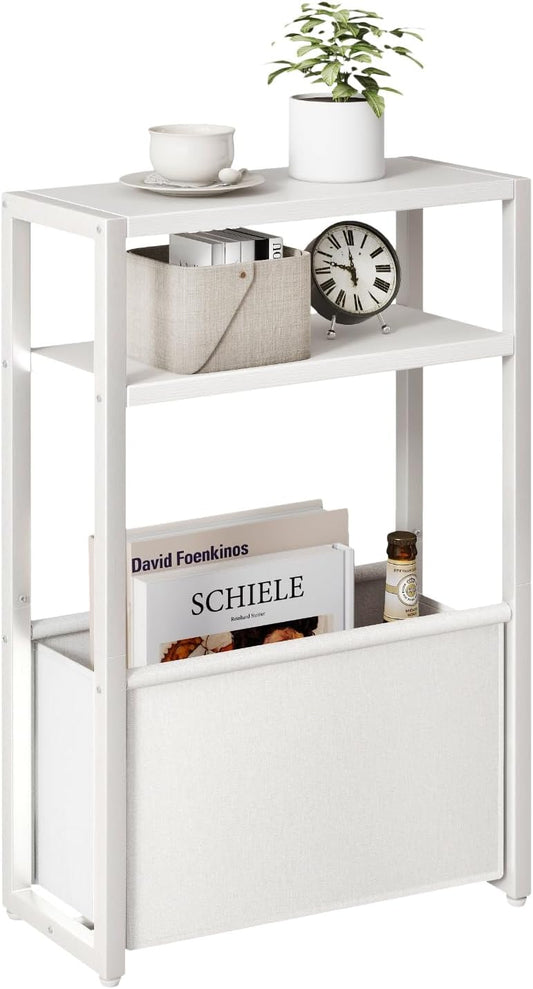 IBUYKE Tavolino Sottile con Cestino in Tessuto,3 Livelli Tavolino Piccolo Per Piccoli Spaz, 18 x 43 x 65 cm, Comodino Moderno Per Soggiorno Camera Balcone Cucina,Bianco TMZ009W
