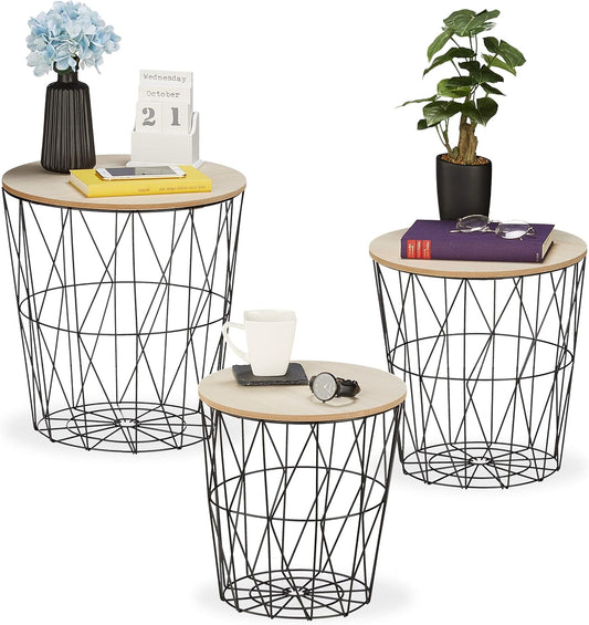 Set da 3 Tavolini a Forma di Cestello, 3 Dimensioni, Stile Scandinavo, MDF, Metallo, Color Naturale e Nero