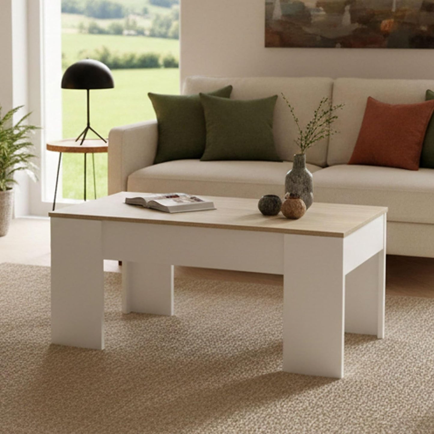 Dmora - Tavolino da salotto Oceanside, Tavolino da caff¨¨ con piano elevabile, Tavolo basso da soggiorno, 100x50h45/56 cm, Bianco e Rovere