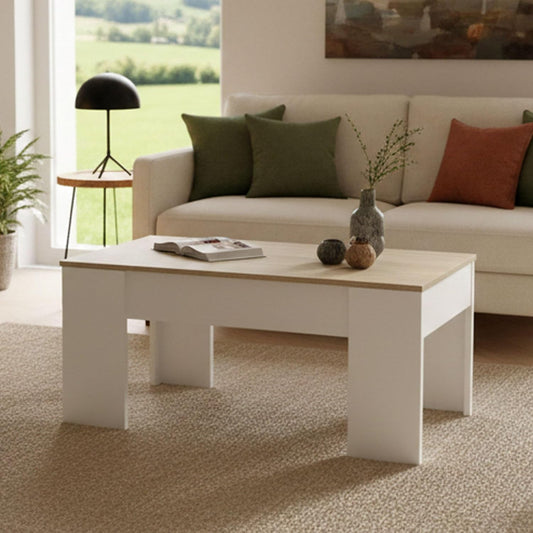 Dmora - Tavolino da salotto Oceanside, Tavolino da caff¨¨ con piano elevabile, Tavolo basso da soggiorno, 100x50h45/56 cm, Bianco e Rovere