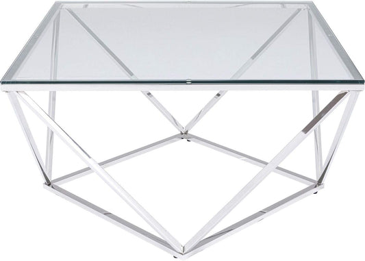 Kare Design tavolo da divano Cristallo, argento/vetro trasparente, quadrato, struttura geometrica, soggiorno/sala d`attesa, stile moderno/linee semplici/glamour (80x80x45 A/L/P)