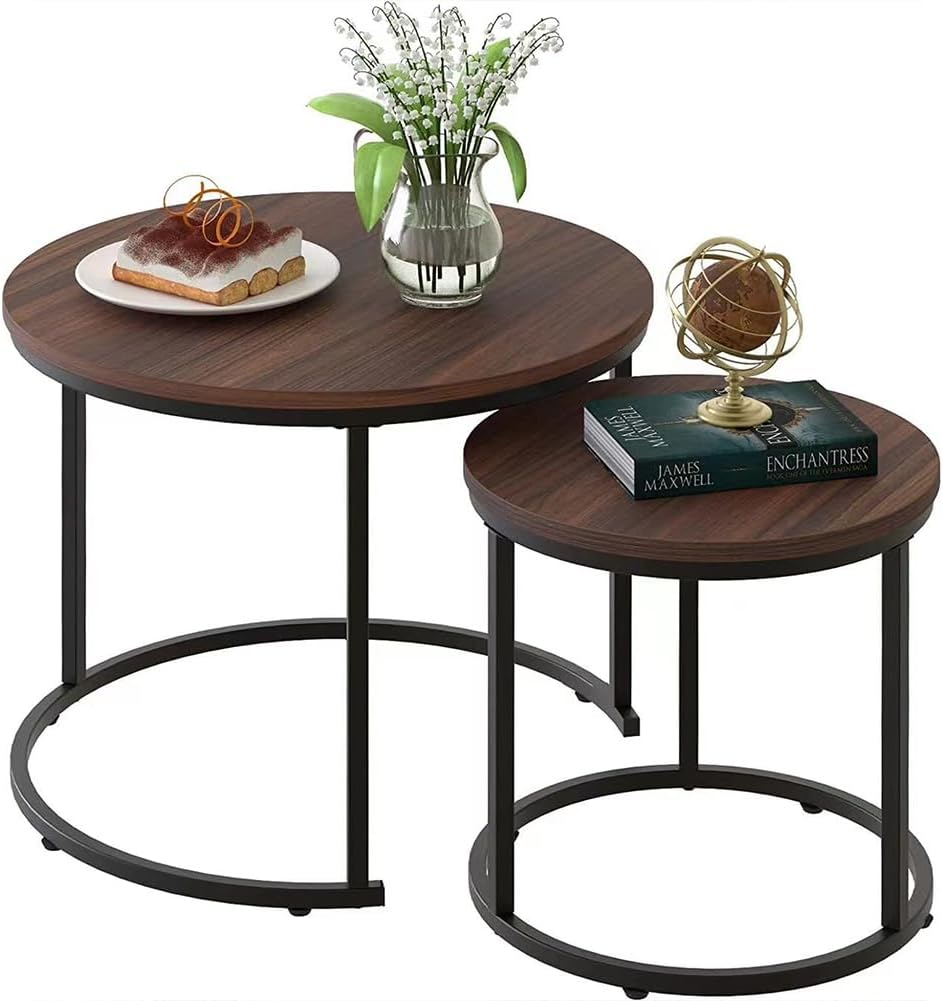 BAKAJI Set 2 Tavolini da salotto ad Incastro, Forma Rotonda con Struttura in Metallo Nero e Piano in legno Noce, Tavoli da Caff¨¨ Salvaspazio Design Industrial, Soggiorno, Casa, Ufficio (Design 2)