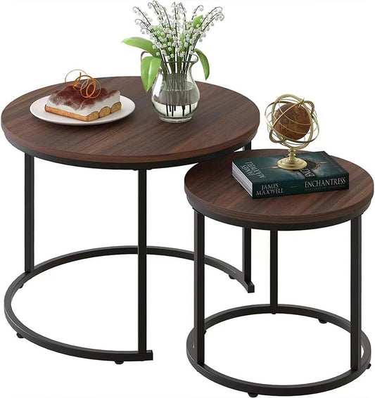 BAKAJI Set 2 Tavolini da salotto ad Incastro, Forma Rotonda con Struttura in Metallo Nero e Piano in legno Noce, Tavoli da Caff¨¨ Salvaspazio Design Industrial, Soggiorno, Casa, Ufficio (Design 2)