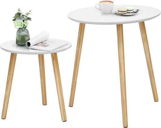 SONGMICS Tavolino Rotondo, Tavolino Moderno Minimalista, Set di 2 Tavolini da Caff¨¨ con Gambe in Legno di Pino, Stile Scandinavo, per Soggiorno Salotto Balcone, Bianco e Naturale LET07WN