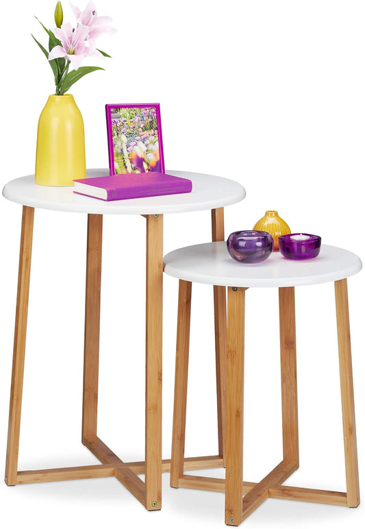 Tavolini da Salotto Rotondi, Set 2 Tavoli, H 48,5 e 60,5 cm, Design Moderno per Soggiorno, Naturale Bianco