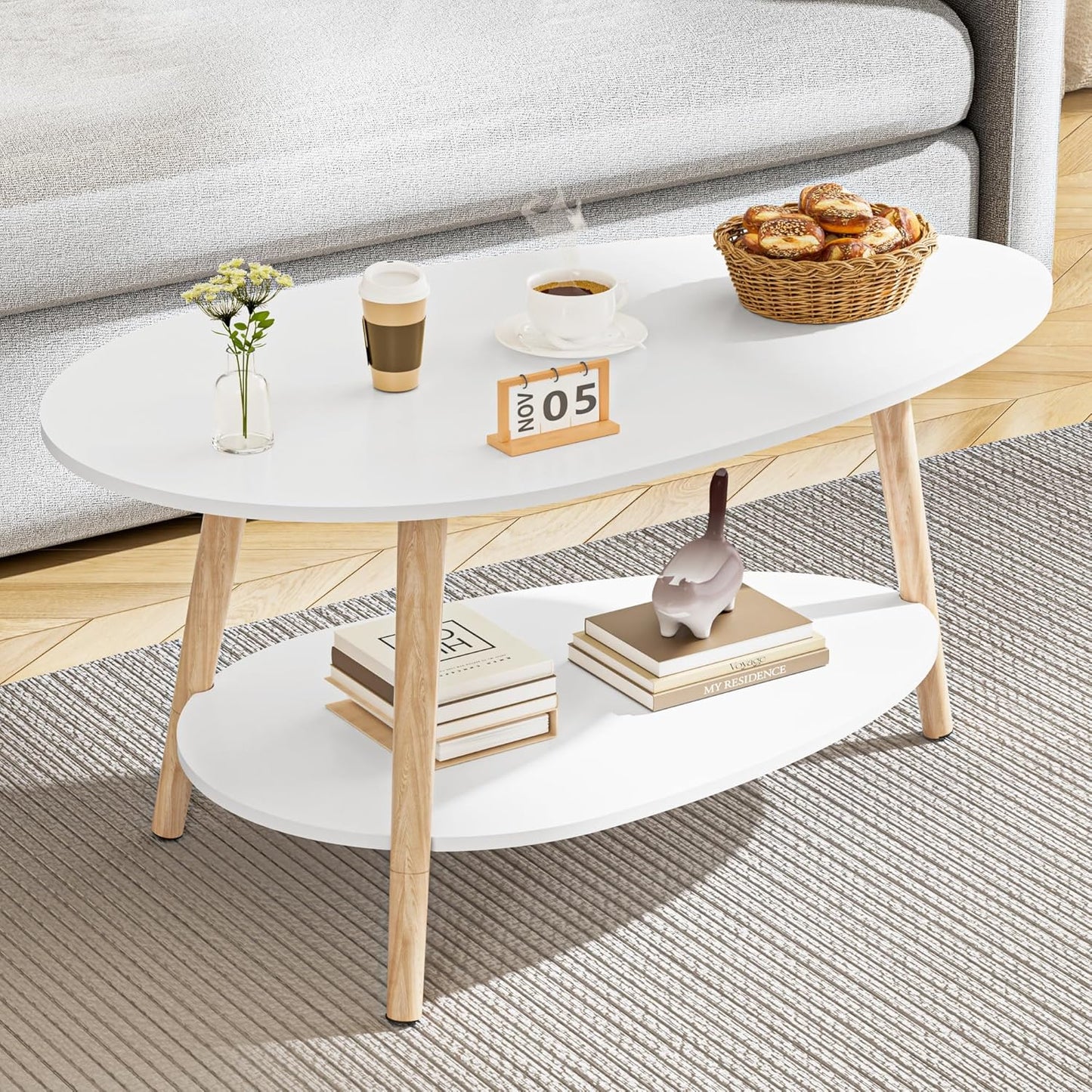 BonVache Table Basse, Tavolo da T¨¨ in Legno Massello, Tavolino Ovale a Doppio Strato, Tavolino Stile Moderno, Adatto per Soggiorno e Camera da Letto, Bianco