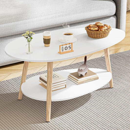 BonVache Table Basse, Tavolo da T¨¨ in Legno Massello, Tavolino Ovale a Doppio Strato, Tavolino Stile Moderno, Adatto per Soggiorno e Camera da Letto, Bianco