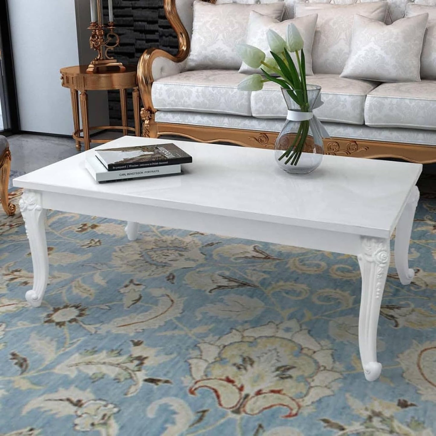 Tavolino da Salotto, Design Classico con Finitura Lucida, Rettangolare per Soggiorno Moderno