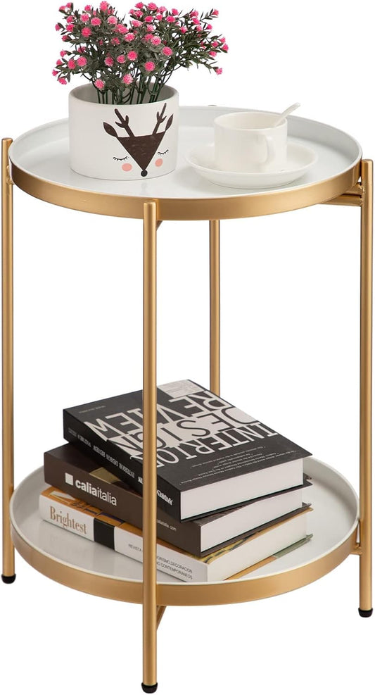 HollyHOME Tavolino Rotondo Piccolo Oro Tavolino da Salotto Metallo Tavolino Basso 2 Ripiani Comodino Camera da Letto Tavolino da Divano per Soggiorno Balcone Patio, Dorato & Bianco