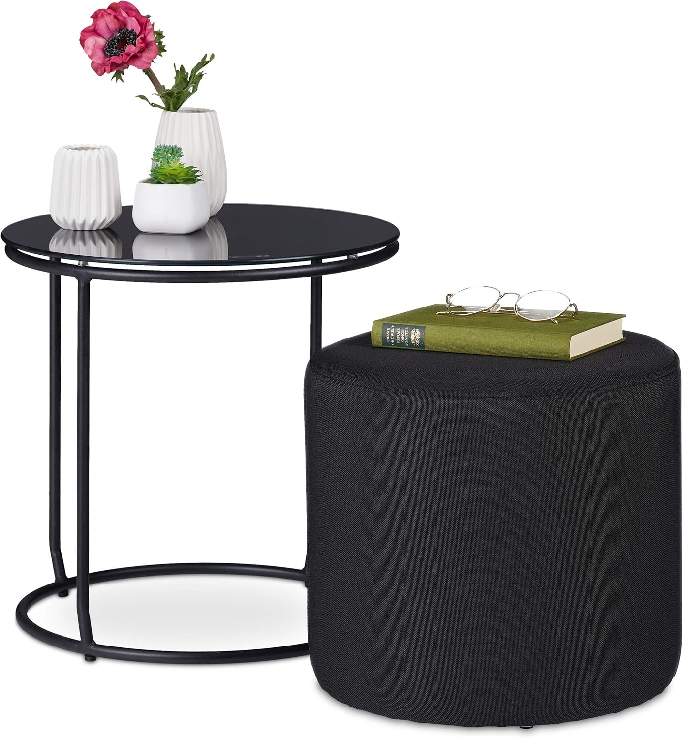 Set Tavolino e Sgabello, 40 x 40 cm, Tavolo con Pouf Salvaspazio Rotondo per Divano, Vetro e Metallo, Nero