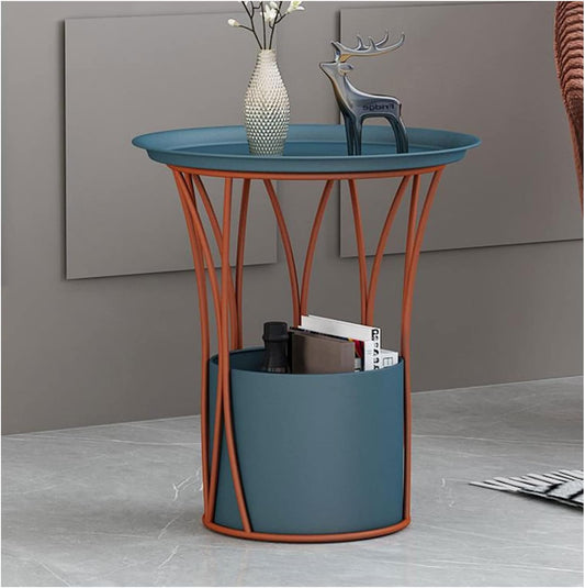 Arredamento del Soggiorno Tavolino Rotondo in Metallo con cestello portaoggetti, tavolino for Uso Multiuso Interno ed Esterno, Comodino for Camera da Letto Tavolino(D)