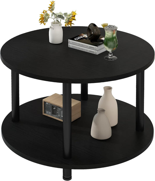 Tavolino rotondo, 2 ripiani, tavolino da salotto, tavolino da caff¨¨, tavolino da divano, per soggiorno, camera da letto, robusto telaio in metallo/pannello MDF, 60 x 60 x 48,5 cm, nero-nero