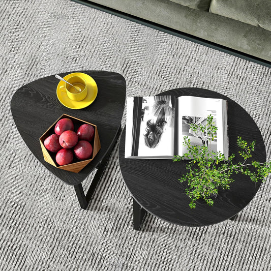 HOJINLINERO Tavolo da Salotto Rotondo Set da 2 Pezzi, Set di Tavolini in Legno, Tavolo da Divano, Tavolo da Caff¨¨, Struttura in Metallo e Piano del Tavolo in Forma di Cuore in Legno, Design