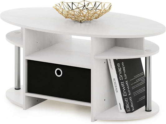 Furinno Jaya Tavolino Ovale con Cestino, Legno, Rovere Bianco/Cromo/Nero, 50 (D) x 89.9 (W) x 41.7 (H) cm