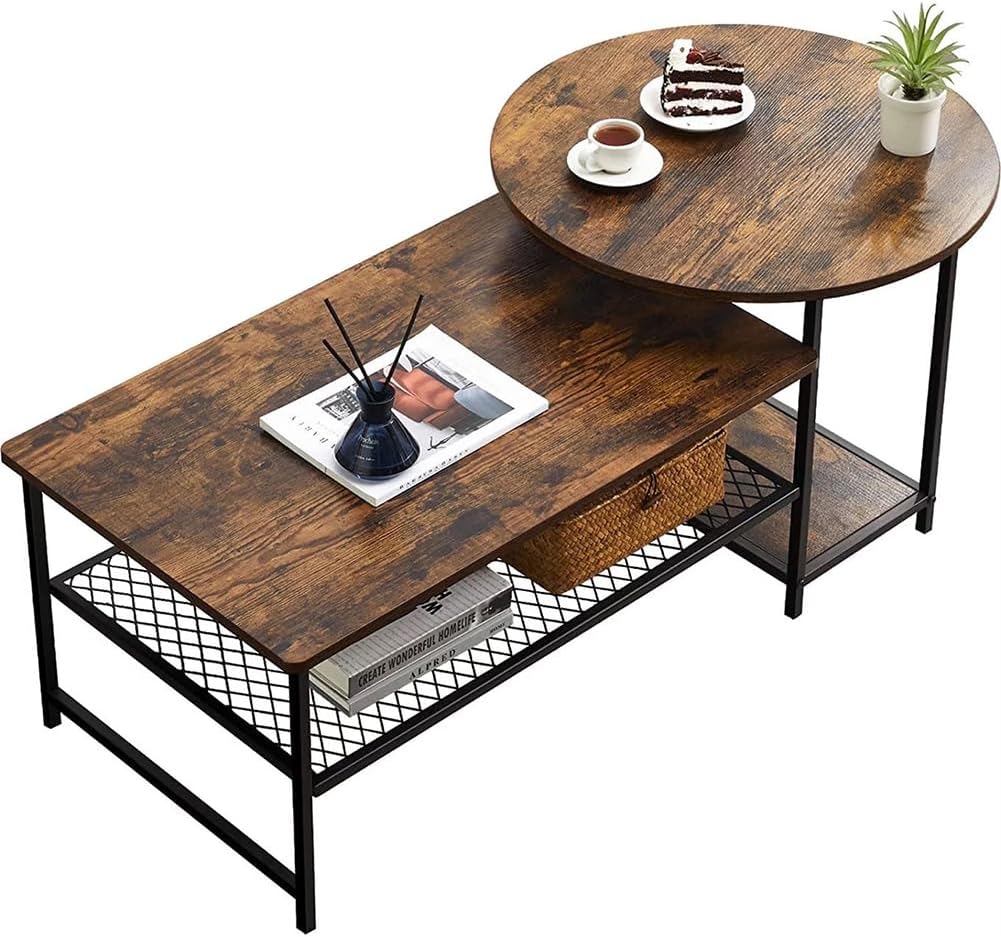 BAKAJI Set Tavolini da Caff¨¨ 2 in 1 Divisibili, Tavoli Bassi Separabili con 4 Ripiani d'Appoggio, Tavolino Basso Design Industrial Ideale per Salotto, Soggiorno, Ufficio, Struttura Nera e Ripiani Noce