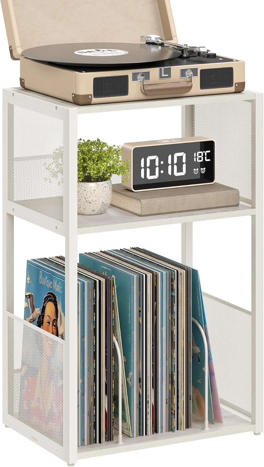 ULET275W01 - Supporto per giradischi, tavolino a 3 ripiani per dischi in vinile, fino a 100 album, tavolino per soggiorno, camera da letto, bianco rustico