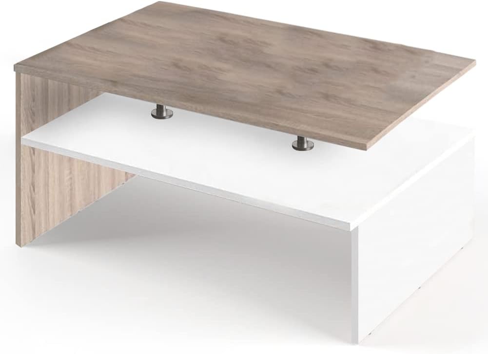 BAKAJI Tavolino Divano Tavolo Caff¨¨ da Salotto Rettangolare Design Moderno in Legno MDF e Metallo con Ripiano Inferiore Arredamento Interni Dimensione 90 x 59 x 42 cm (Bianco e quercia effetto legno)