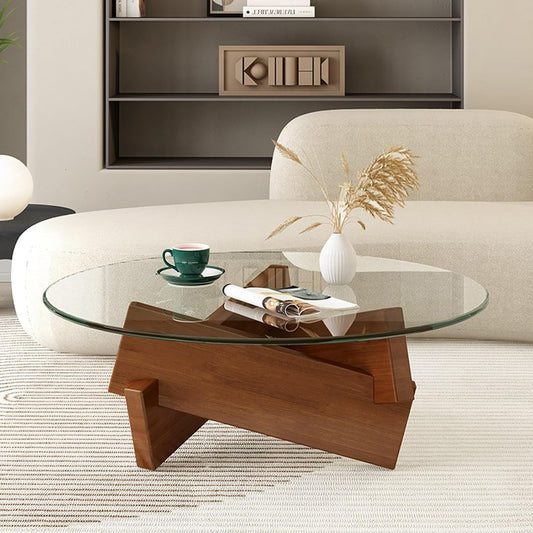 YVYKFZD Tavolino da Salotto Rotondo, Tavolino da caff¨¨ per Soggiorno, Tavolino Basso di met¨¤ secolo, Tavolino da Divano con Piano in Vetro temperato(Walnut+Transparent,80cm/31.4in)