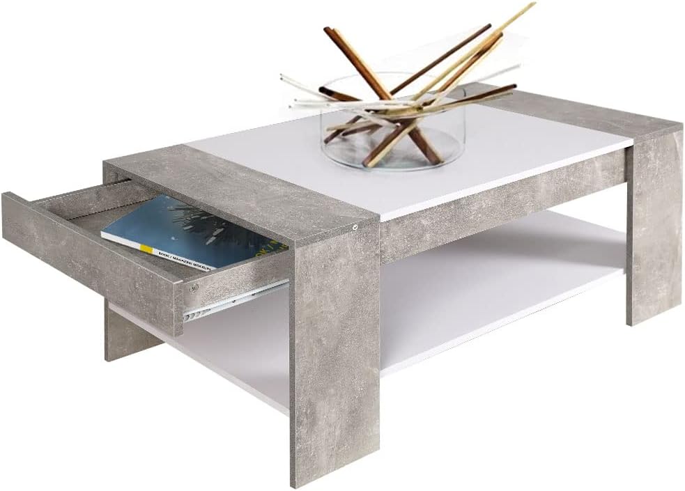 BAKAJI Tavolino Divano Tavolo Caff¨¨ da Salotto Rettangolare Design Moderno in Legno MDF con Ripiano Inferiore e Cassetto a Scomparsa Dimensione 100 x 58 x 44 cm Colore Grigio Effetto Cemento